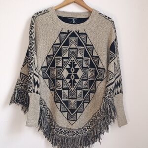 Geometric Fringe Poncho Sweater - Beige & Black
